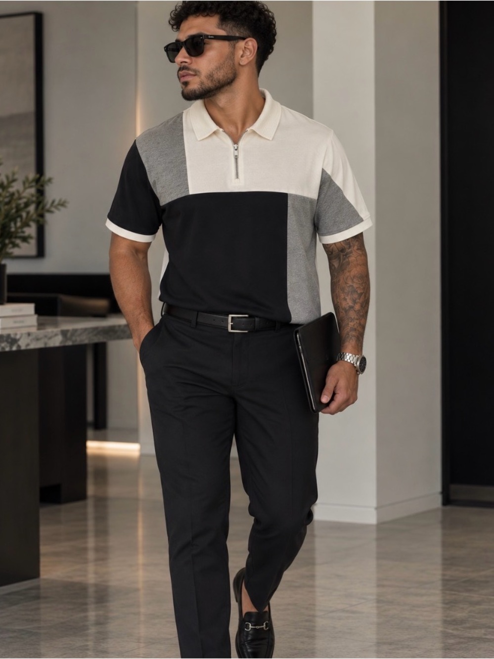 Denim & Flower Singh Quarter Zip Polo Shirt M | Black Grey White
